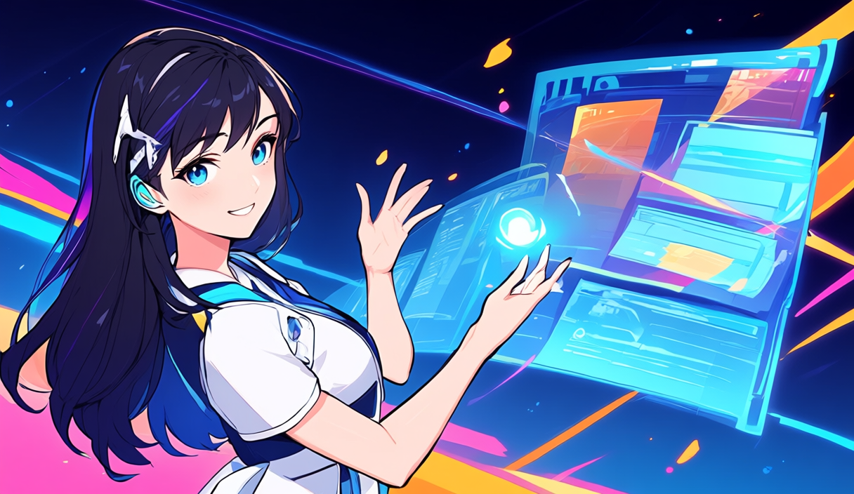Adobe Fireflyと代替サービスを比較する成人女性AIガイドのアニメイラスト