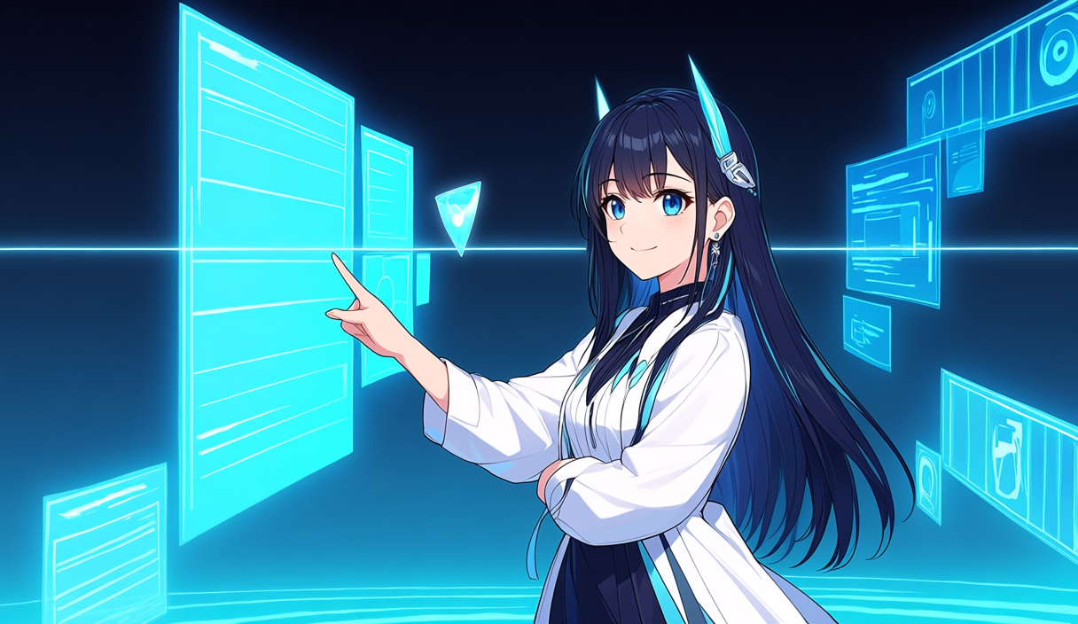 InVideo AIの機能を案内する軽いメカアクセサリー付き成人女性アニメイラスト