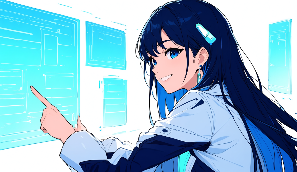 Adobe Fireflyの機能を案内する軽いメカアクセサリー付き成人女性アニメイラスト