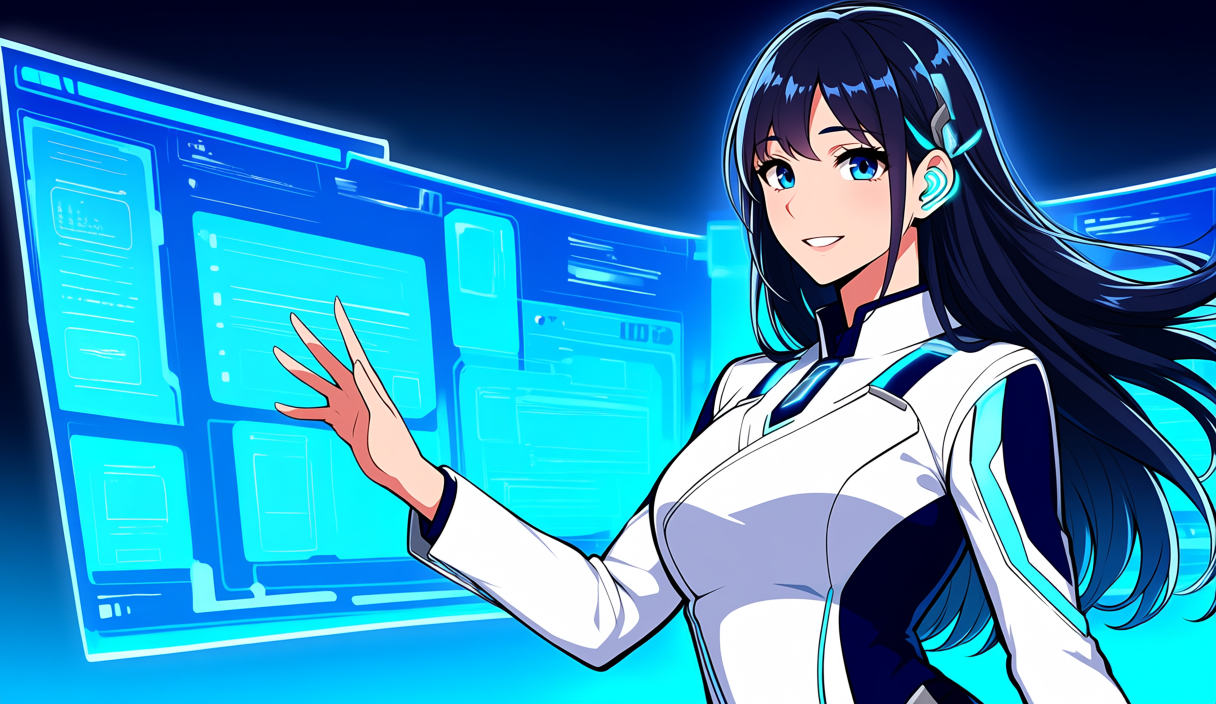 仕事で使えるAIツールおすすめを案内する成人女性AIガイドのアニメイラスト