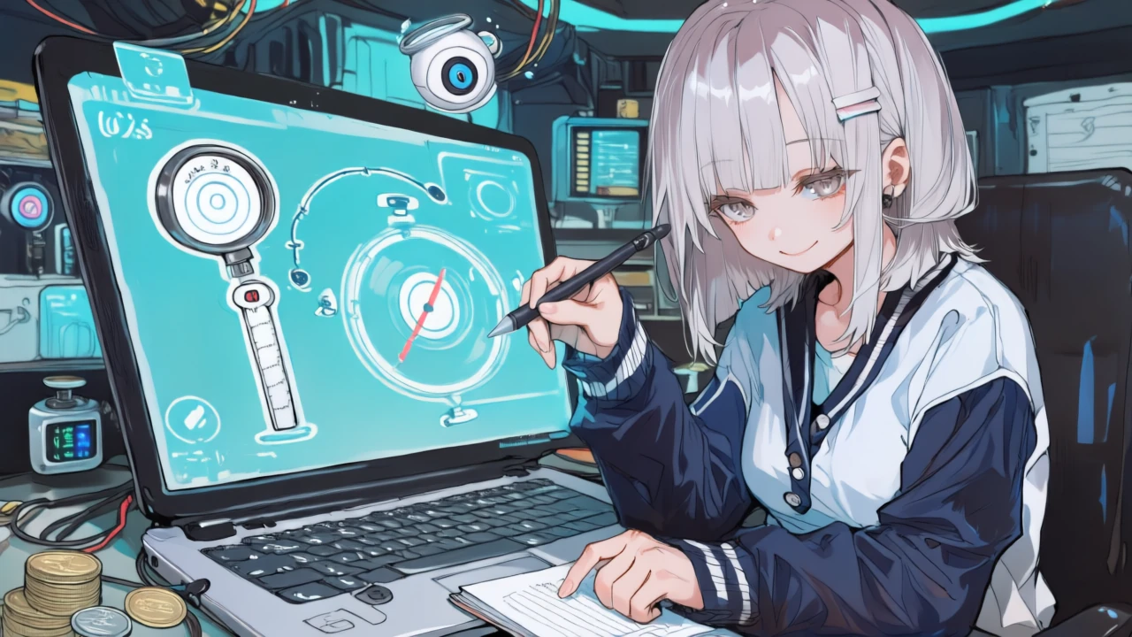 クレジットが動く場面と上限設計をホログラムで示しながら計画を描くサイバー系アニメ女性