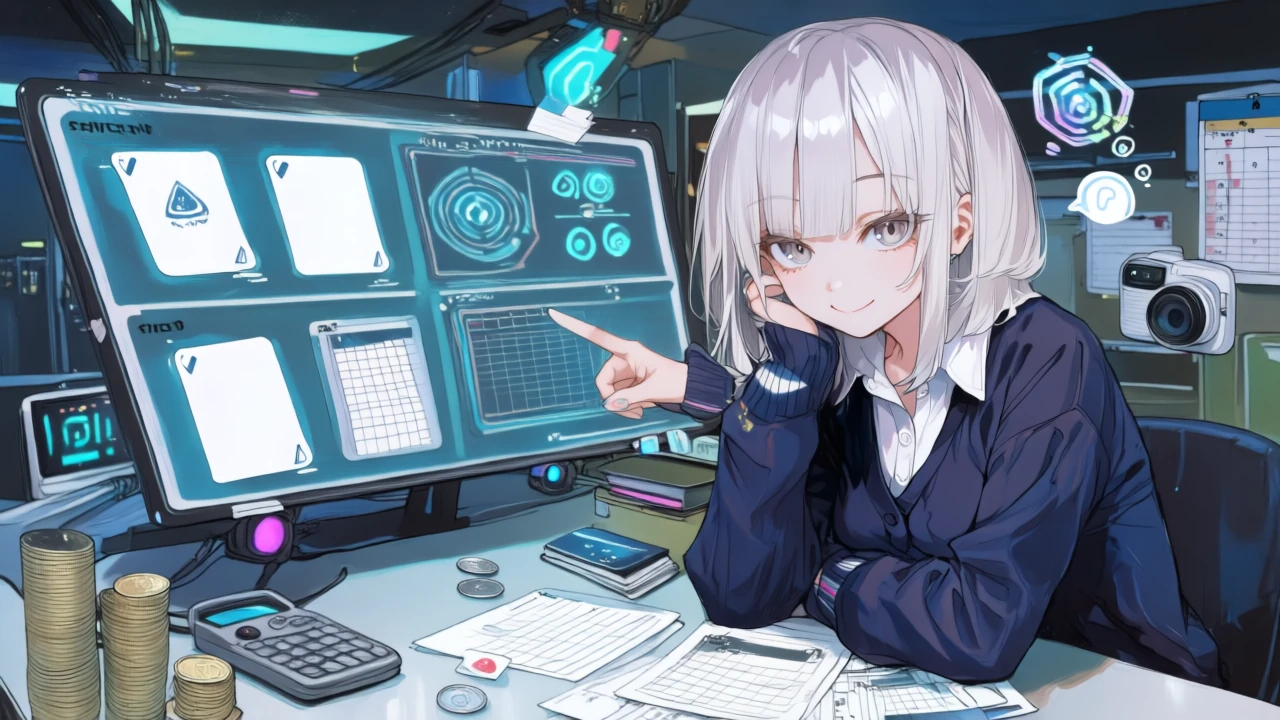 白銀の髪のサイバー系アニメ女性管理者が、4つのプランを比較するホログラムボードで最適プランを指し示し、各アプリのAI対応状況と予算感を同時に見極めている。