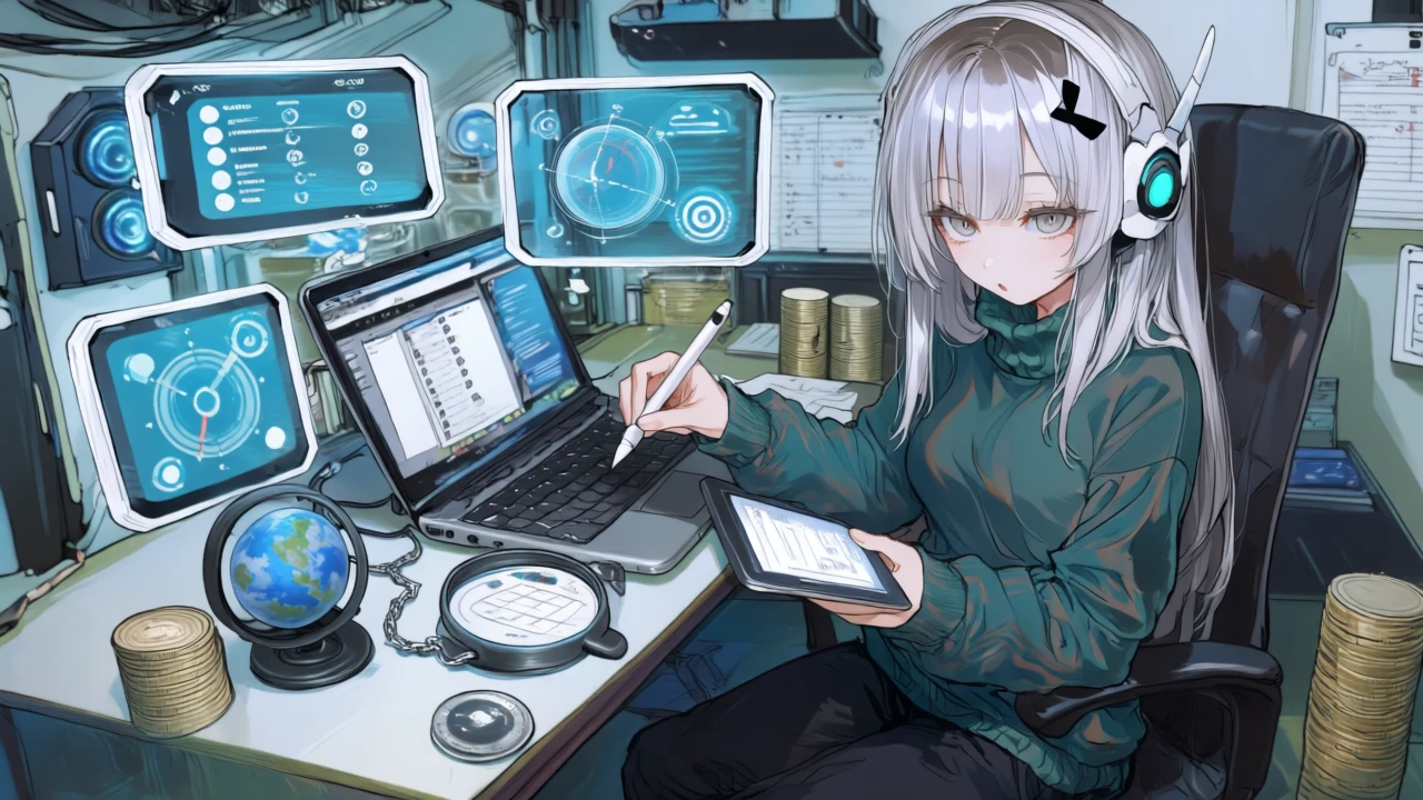 銀白髪のサイバーメカ風のアニメ女性が、3つのプラン（要約・検索回答・Enterprise Search）の違いを指し示し、最短で選べるように説明している。