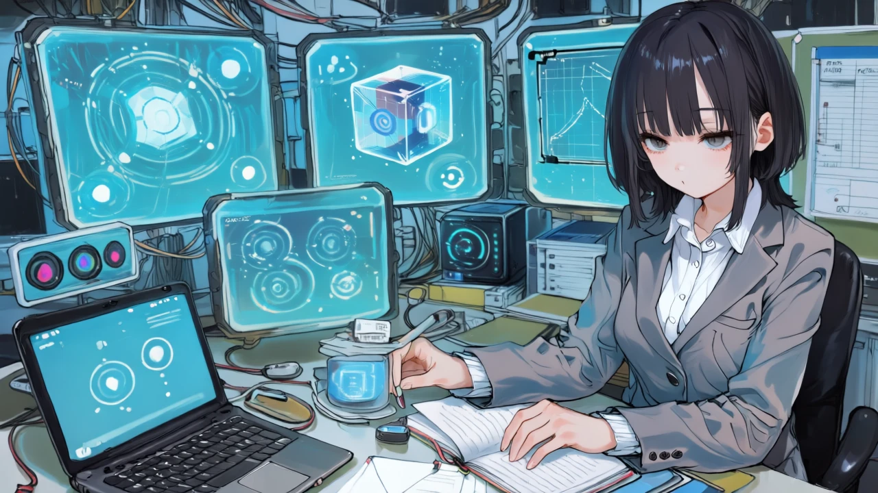 同女性がフォーム→AI→メール→Slackの4ノードをホログラム上で配線し、スプレッドシート項目のマッピングとPIIのマスクを設定している