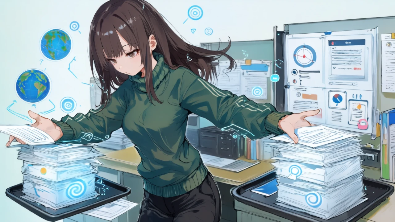 資料を2つのトレーに仕分ける女性アシスタント。片方はWeb調査・要約、もう片方は社内データ活用・アプリ内仕上げ
