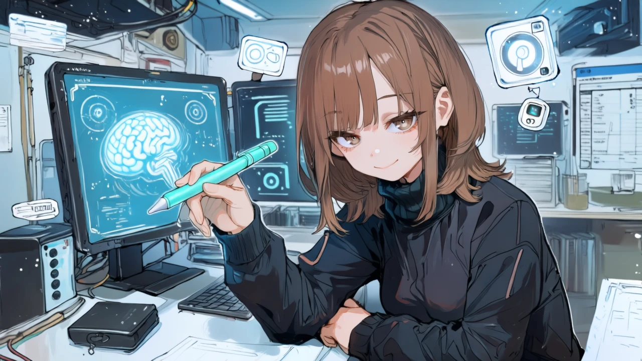 アニメ女性がAIアイコンに取り消し線を引き、API連携のフローだけを囲って見積もり範囲を明確化している
