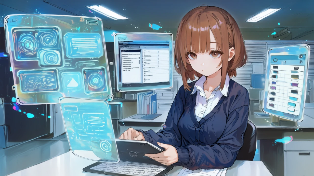 女性がアプリ内統合・Geminiアプリ・Notebookの3つのホログラム画面を並べ、接続線で関係性と提供範囲を示している。