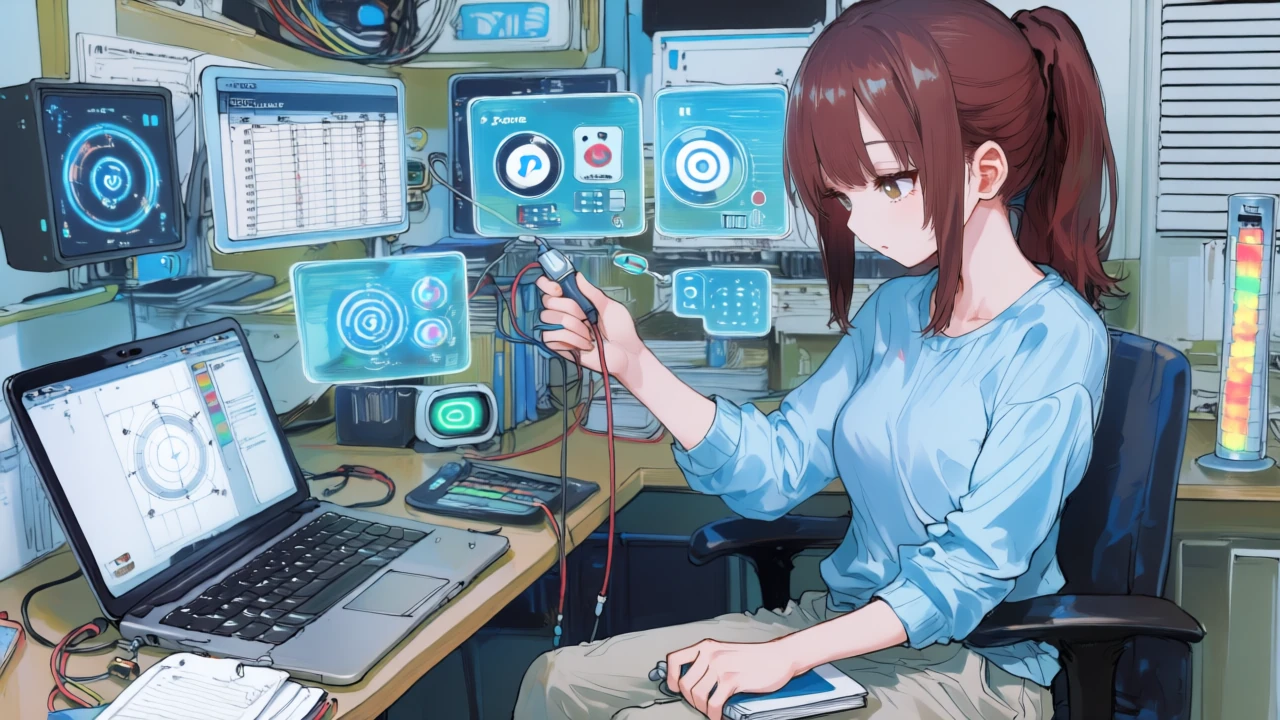 同女性がMakeのキャンバスでスケジュール・Sheets・AI・チャットのモジュールを配線し、クレジットメータを確認している。
