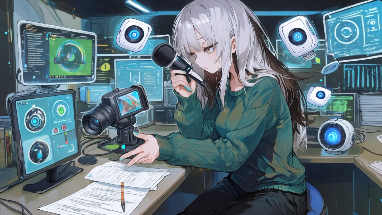 収録・書き起こし・AI整音・テキスト編集を一体で操作する様子を示すアニメ女性