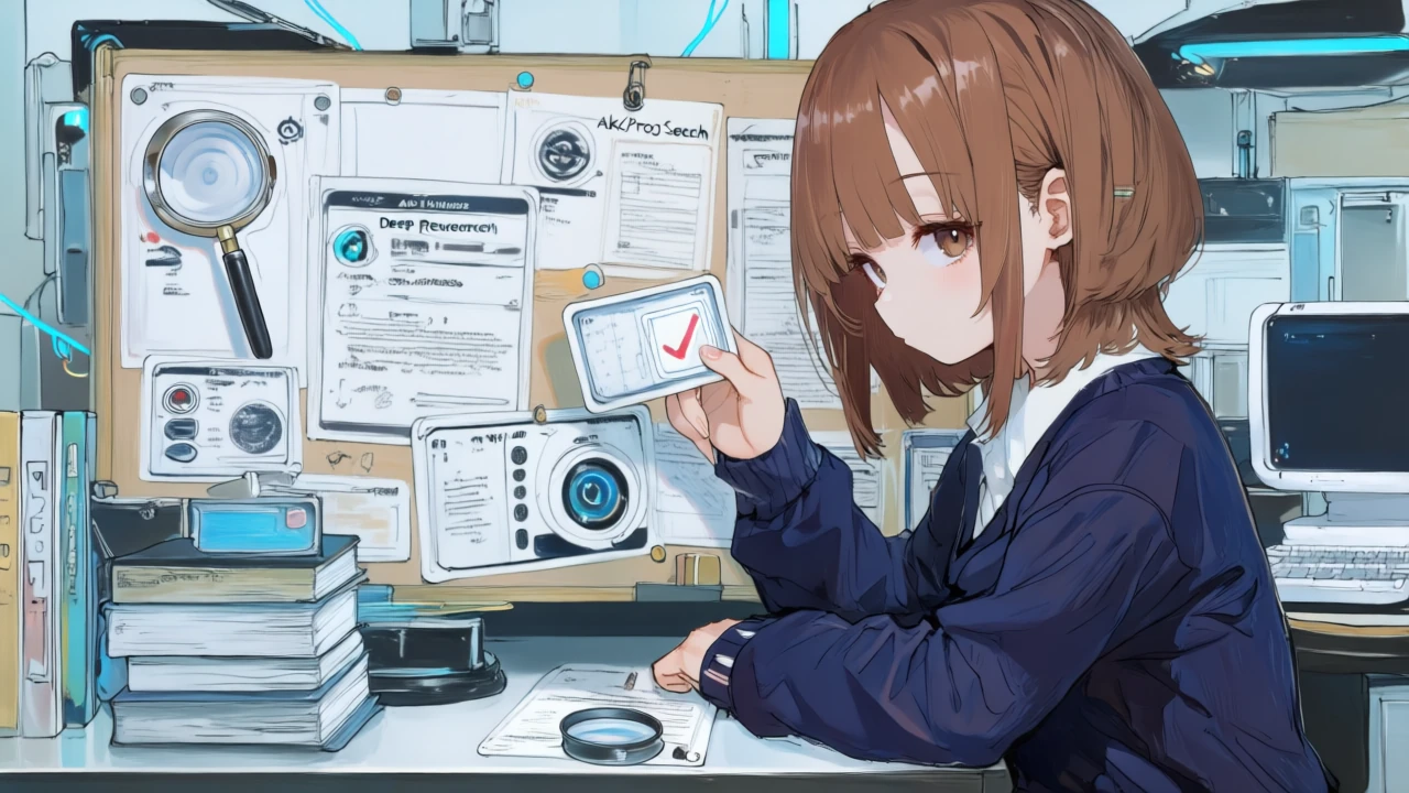 三段階のカード（検索・レポート・ロボット）をかんばん上で動かし検収スタンプを押す女性