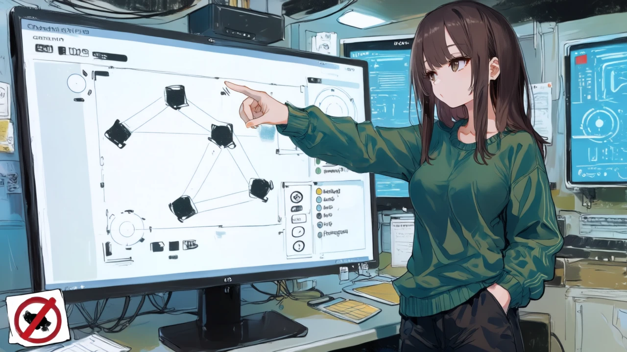 同女性がJSONスキーマ風のプロンプトをホログラフィックパネルに組み立て、信頼度しきい値のスライダーや禁止事項アイコンを調整している