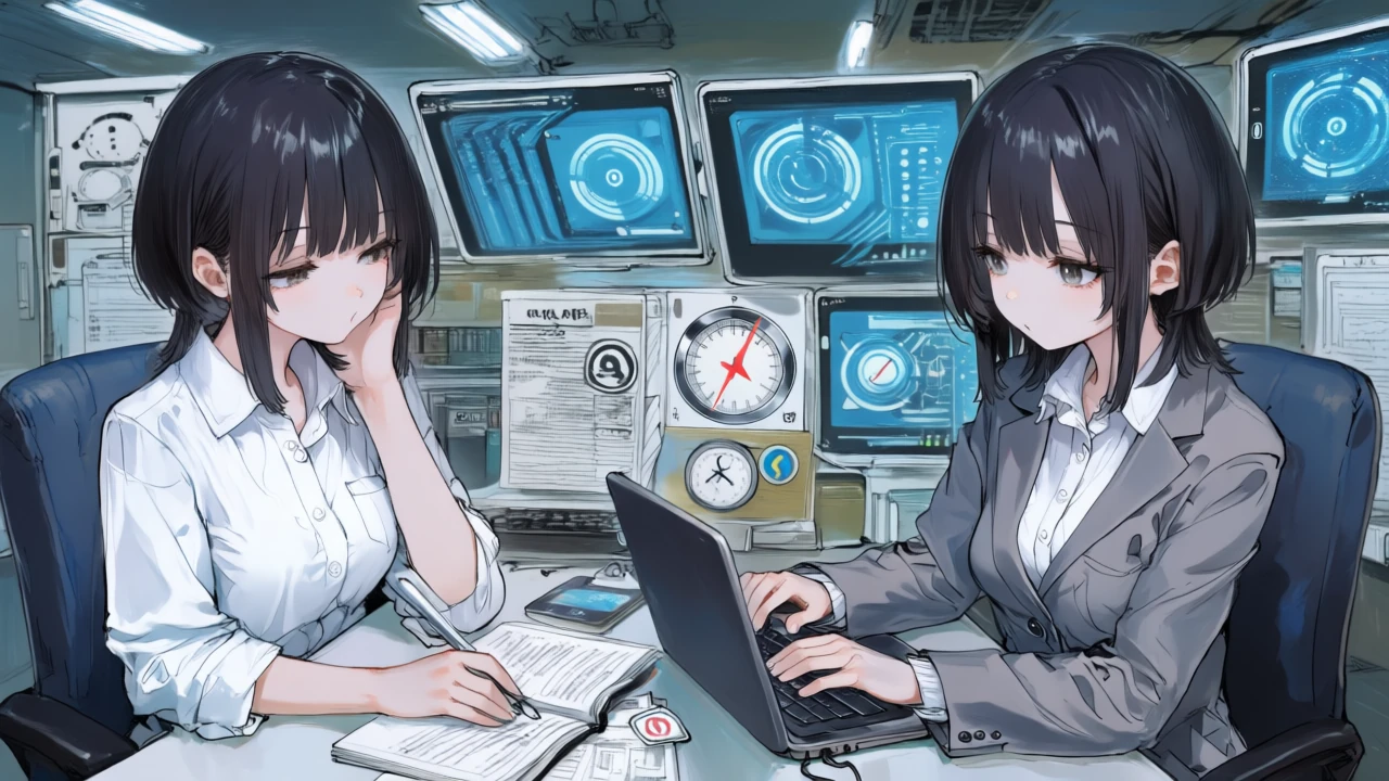 契約書風の資料と天秤を前に、API組み込み時の帰属アイコンを確認し、透かし禁止の印を付ける法務チェックの場面
