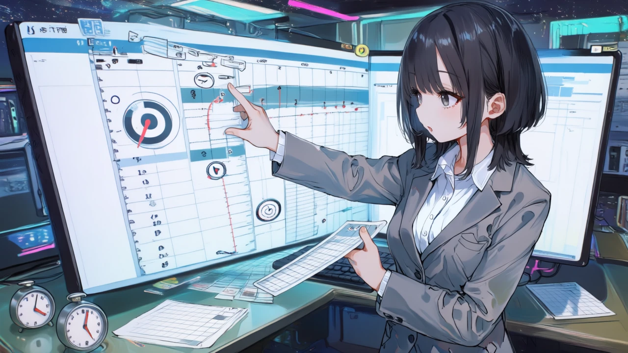 同女性がスプレッドシートの列順や日付形式を整え、不要行をフィルタして要約に適した固定範囲を作っている。