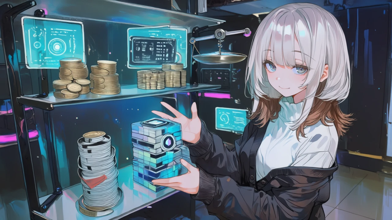 アニメ女性がタスク用コイン、クレジット用キューブ、エグゼキューション用トークンの3種類を天秤と棚で比較している