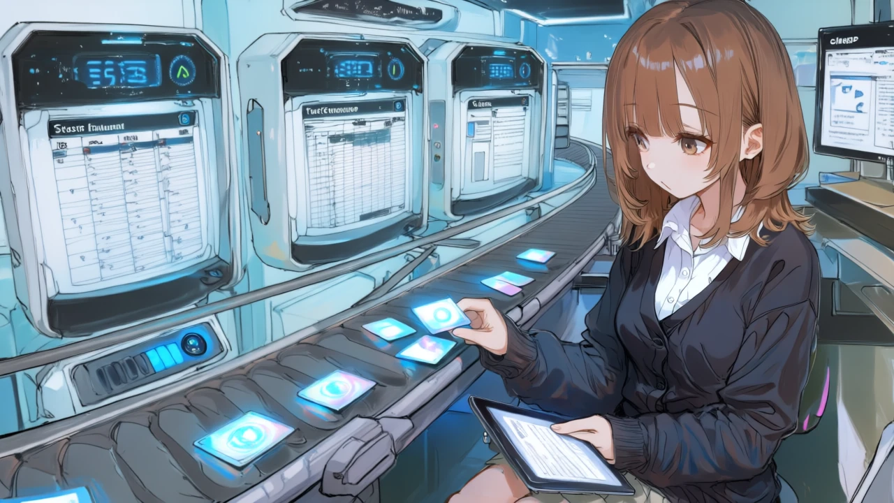 同女性がコンベアで『取得→整形→AI要約→投稿』の4工程を並べ、分岐のフォールバックも組み込んでいる。
