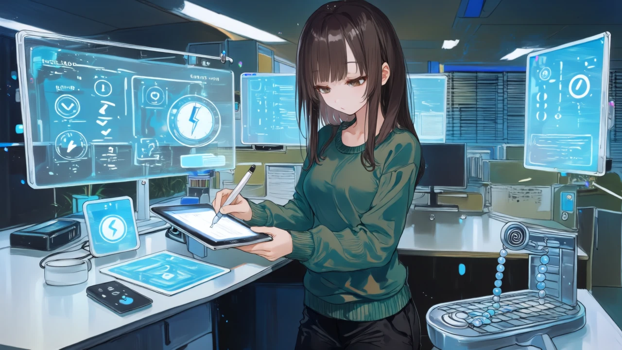 アニメ女性が透明ボードに“イベント数×処理数”の図式やWebhook/ポーリングの切替を描き、ソロバンで数えている