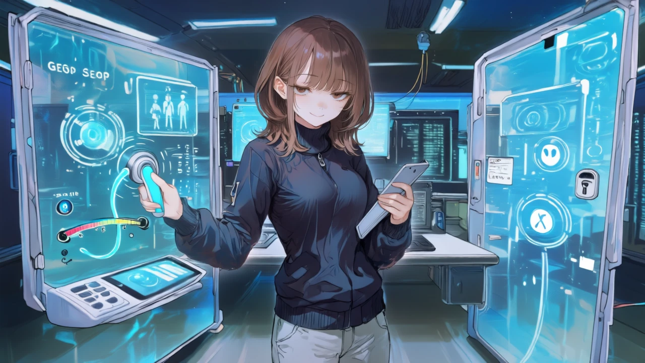 女性が部署向けゲートのレバーを押してAI処理量を増強し、個人購入ゲートには鍵アイコンで許可/禁止を切り替えている。