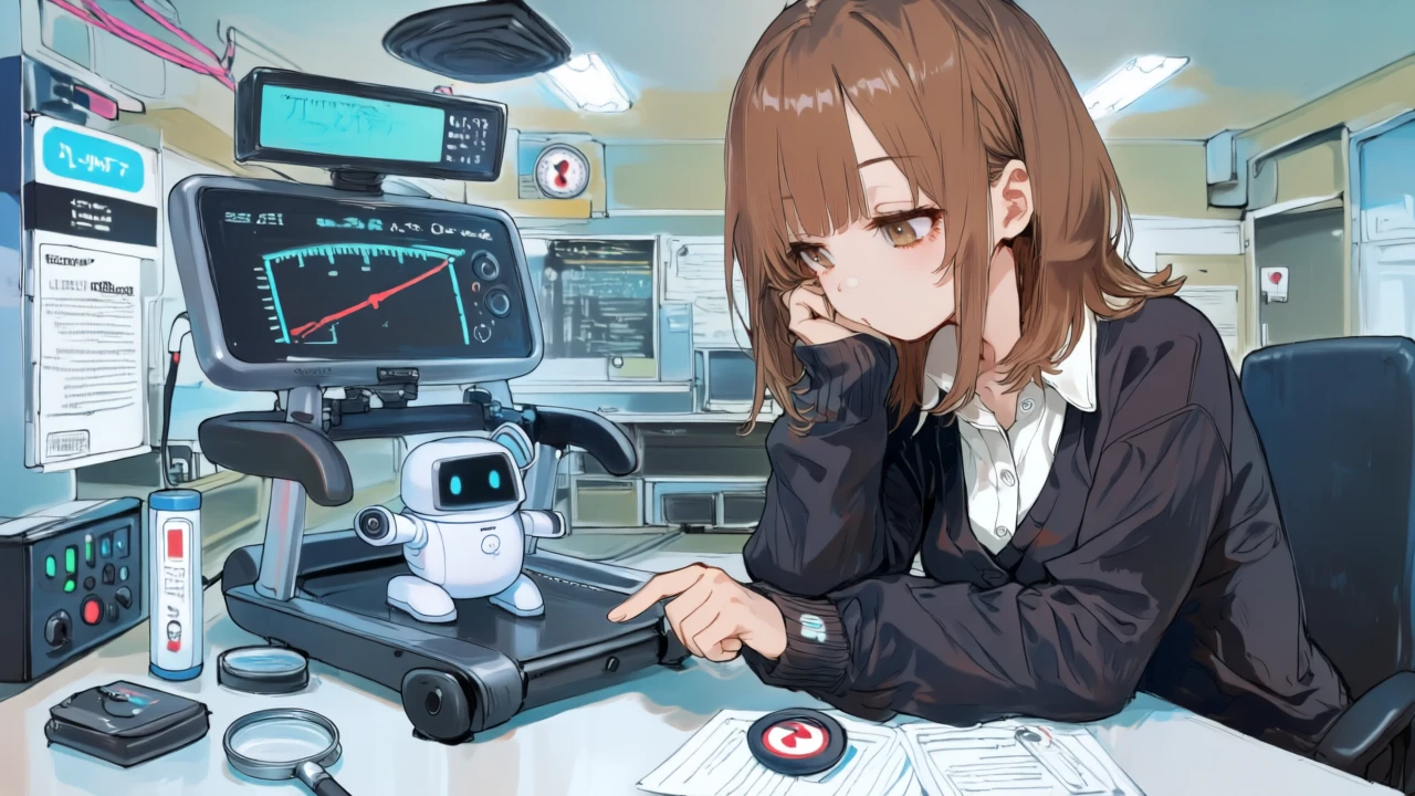クレジットゲージとロボット実行でだけ減る様子を確かめ、補充スイッチを操作する女性