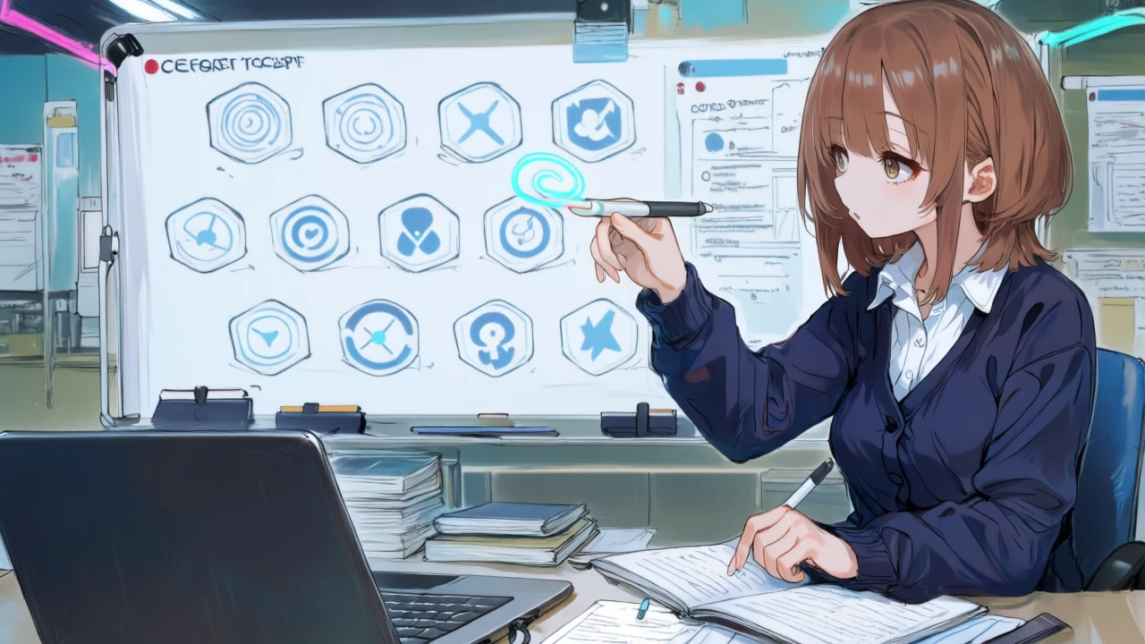 彼女がホワイトボードに10個のユースケースアイコンを描き、チームへ使い方をレクチャーしている。
