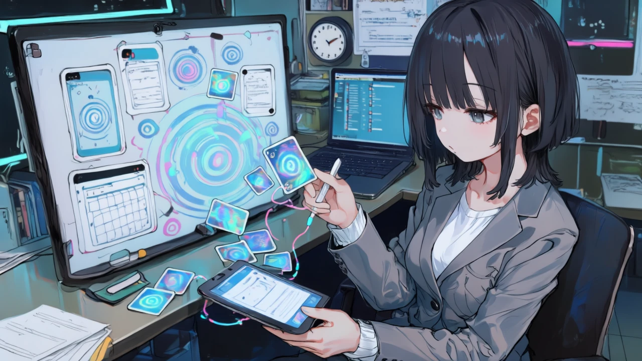 アニメ女性が6つのユースケースカード（フォーム→表→チャット、リード→2サービス→通知、バッチ、定期取得、重複排除分岐、添付保存）を並べて配線している