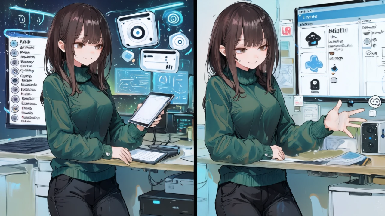 左で彼女が管理画面のAI機能トグルを設定し、右でメンバーとしてSlackbotに議事録のたたき台を依頼している。