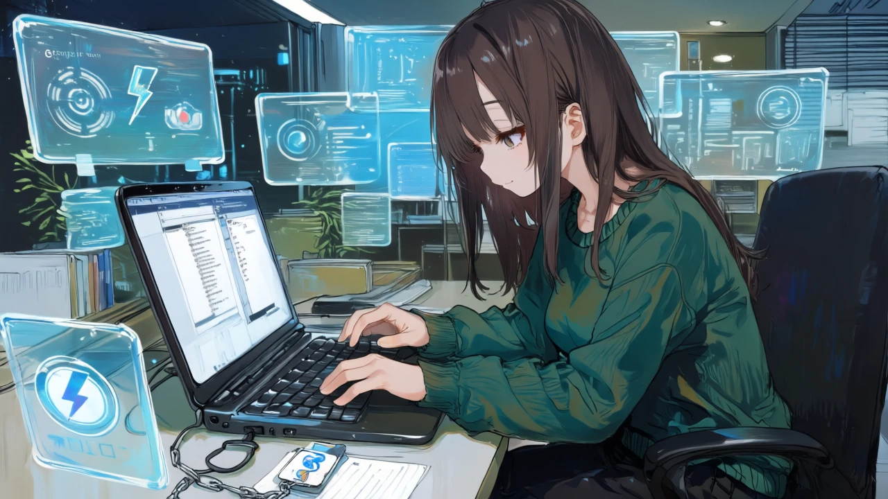彼女がコードを書きつつ、アプリのワイヤーフレームに稲妻バッジとチェーンリンクの帰属アイコンをフッターへ配置する場面