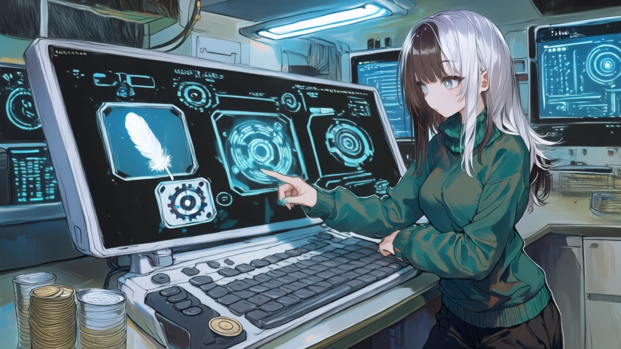 3つのシナリオカードを見比べながら電卓と天井スライダーで予算設計をする女性