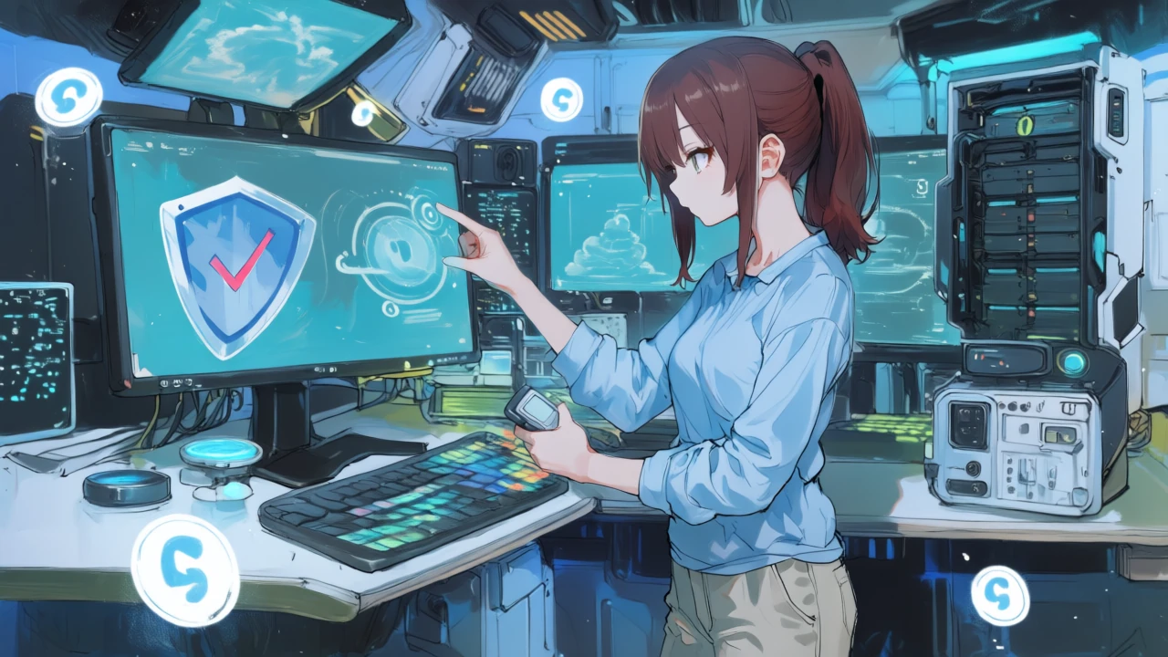 日本語対応を示すかな風のグリフが漂う中、クラウドとシールドの前で管理トグルや権限設定を点検するシーン