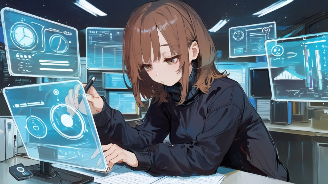 アニメ女性が実行グラフと使用率ゲージを監視し、しきい値ベル通知を設定しながらダイヤルで間隔を微調整している