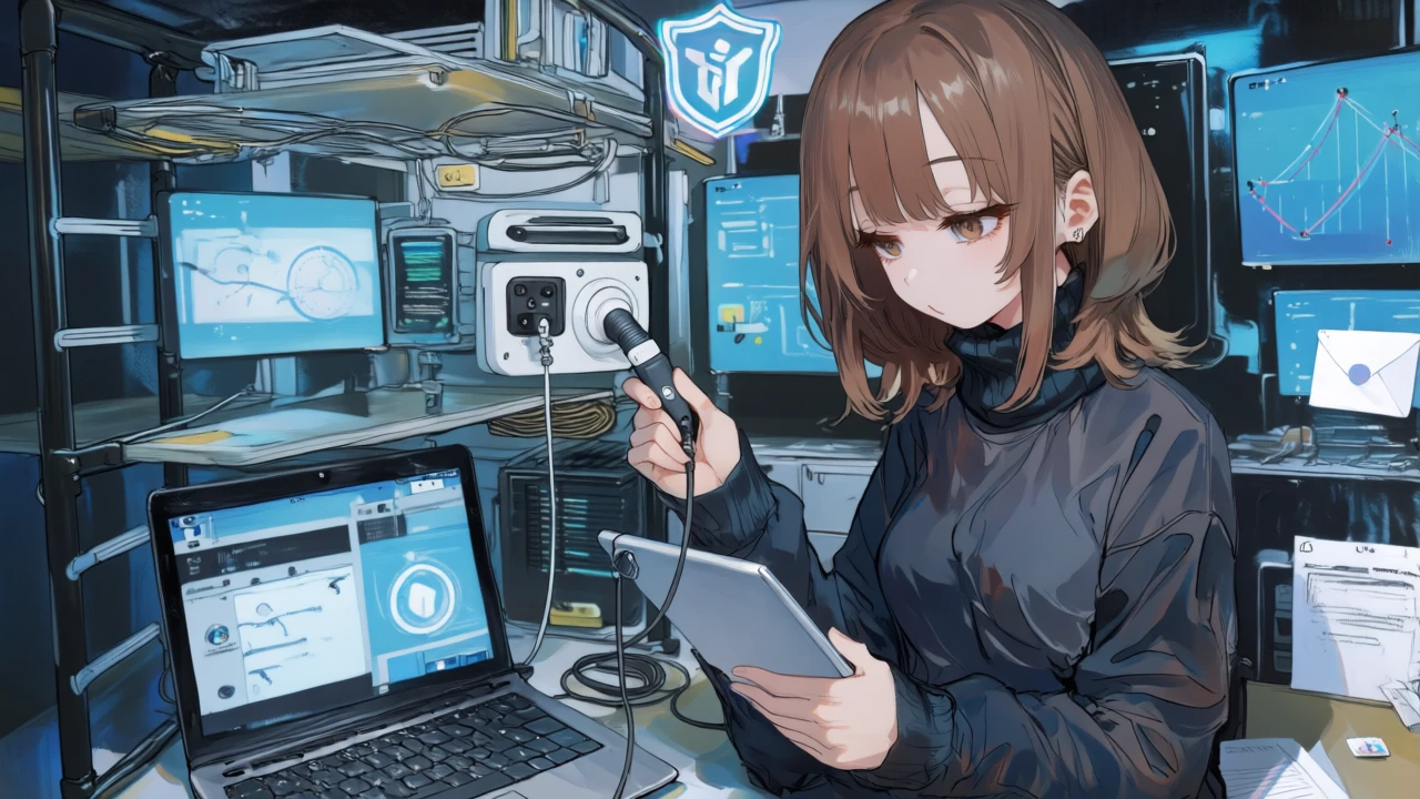 同女性がサーバーラック前でWebhookとシートトリガーを接続し、AIノードとメール・Slackノードを連結、データ主権を示すシールドアイコンを確認している