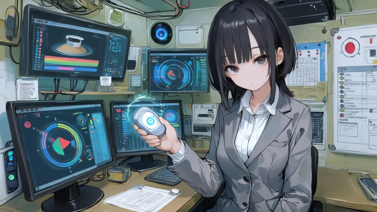 同女性が検証環境から本番環境へ切り替えレバーを操作し、モニターで実行ログとアラートを監視している。