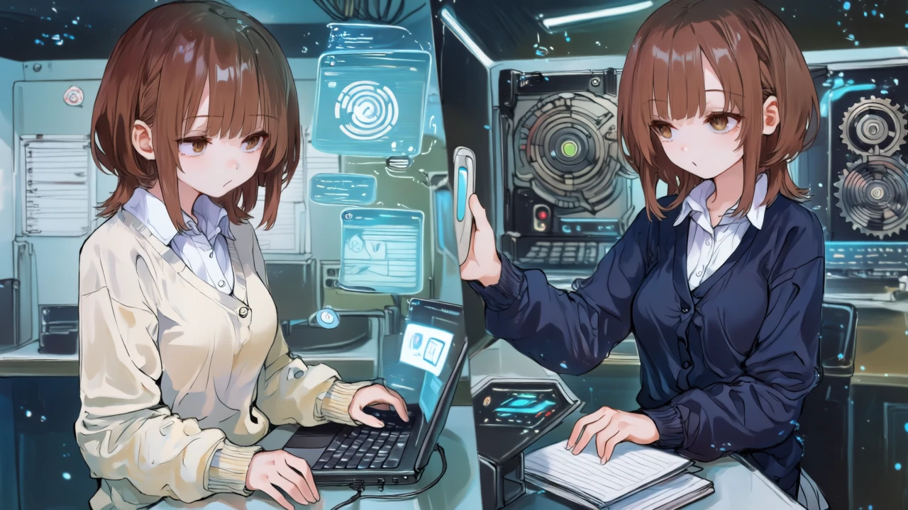 二股の分岐コンソールでレバーを操作し、レポート側とロボット側を切り替える女性