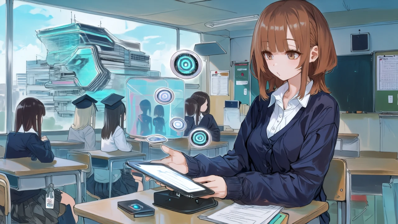 大学教室で、女性管理者が教員と18歳以上の学生にAI Proバッジを配布し、未成年エリアには保護シールドを展開している。