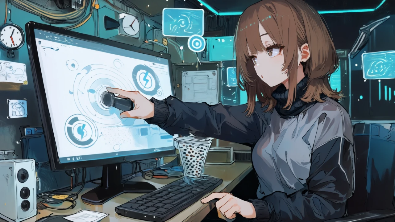 アニメ女性がレバーを時計から稲妻へ切り替え、漏れ出るパイプを修理し、データ束をファネルで圧縮している