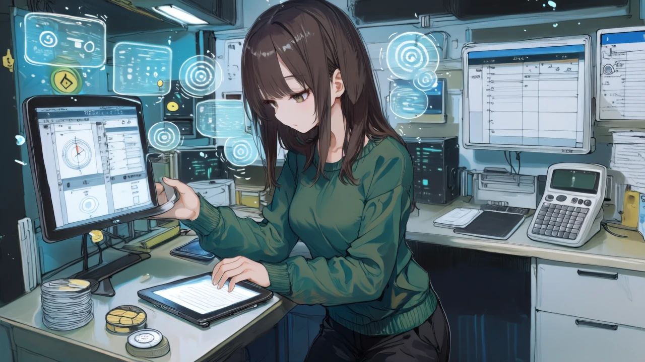 同女性がホログラフィックの電卓とダッシュボードでタスク/クレジット/実行の月間コストを試算し、Slack通知のスレッド集約とAI呼び出し同時化で最適化している